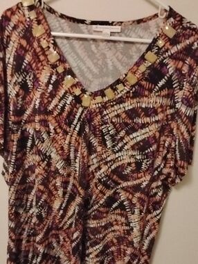 JM Collection Multicolor V-Neck Tunic with Gold Accents